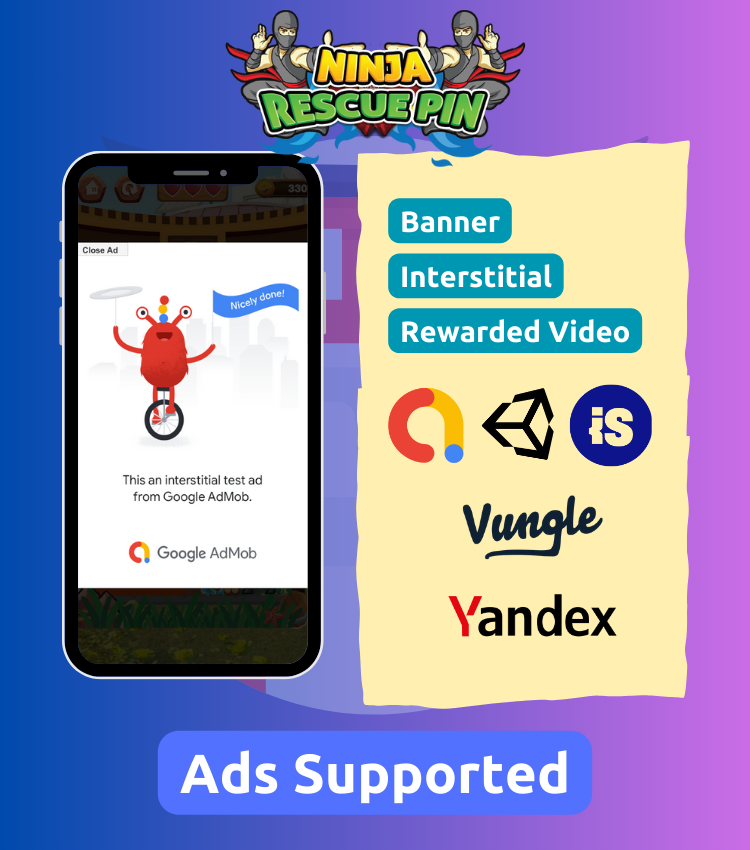 Ninja Rescue Pin - Android Unity Puzzle Pull Pin - Multiple Ads Support