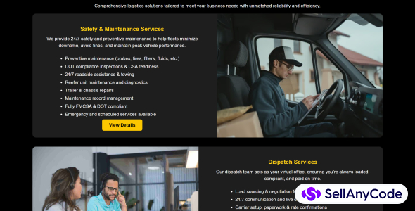 React-based logistics website with blog and forms.