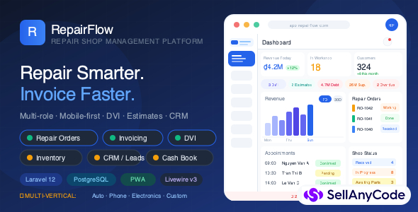 RepairFlow Repair & Service Shop Management System | Laravel Livewire & PWA