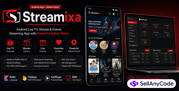Streamixa - Android Live TV & Movie Streaming App | Admin Panel | Ads Ready