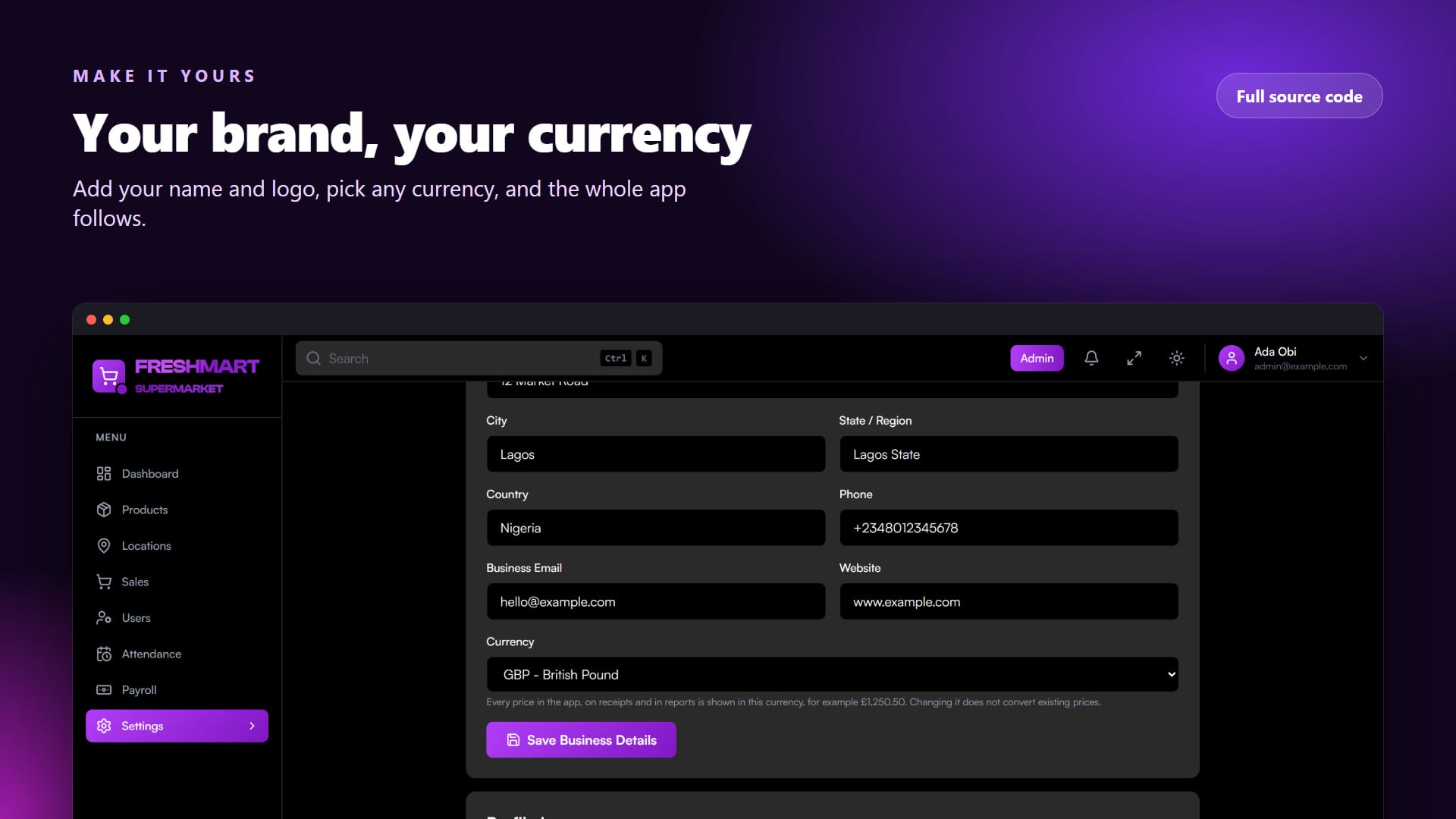Supermarket POS, Inventory & Face Attendance (Next.js + Node.js)