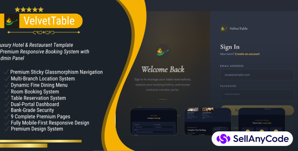 VelvetTable PHP Luxury Hotel & Restaurant Booking Template