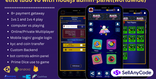 elite ludo v8 Real Money Earning nodejs App with admin panel